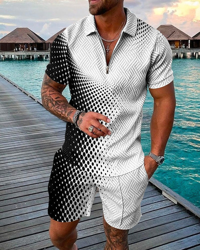 New Men's Fashion Casual Suit 3D Print Zip Short Sleeve Polo Shirt Shorts 2 Piece Set