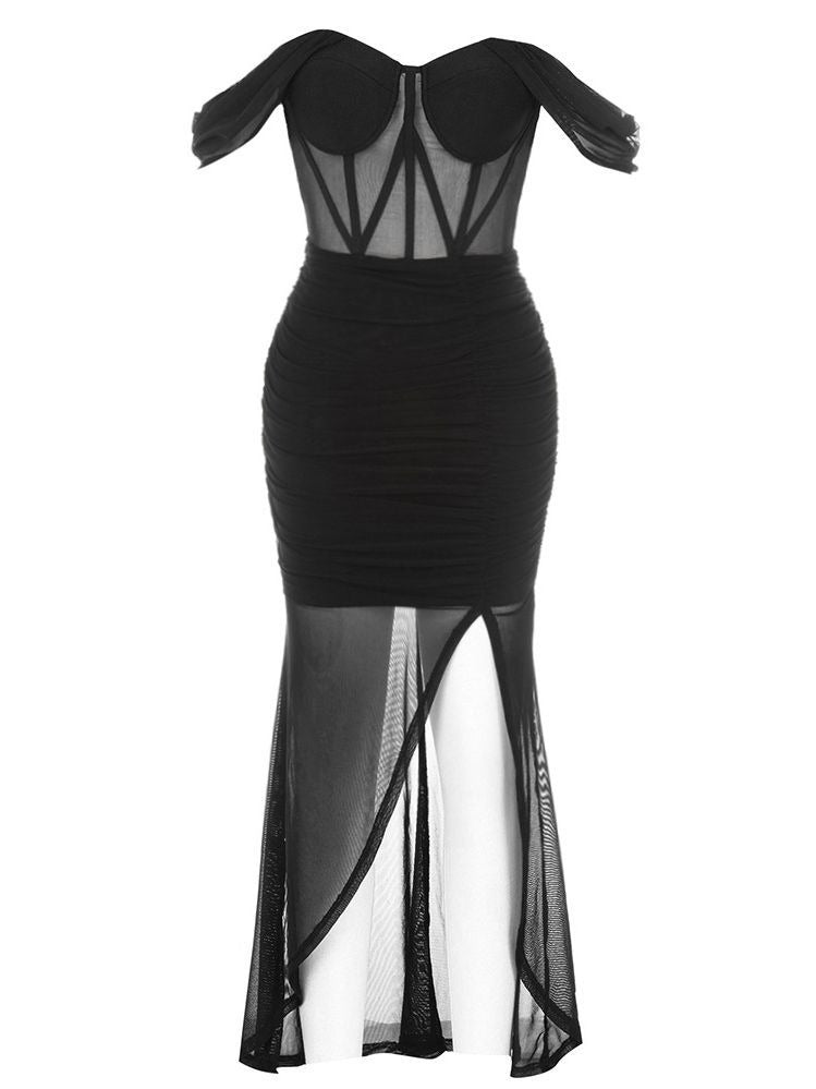 Black Mesh Patchwork Sexy Bodycon Dress For Women Elegant Sleeveless Strapless Split Evening Party Bandage Dresses Vestidos
