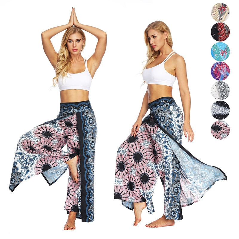Women's Yoga Mandala Open Leg Pants Comfort Wide Leg Gypsy Hippie Aladdin Bohemian Pants Printed Thai Split Leg Harem Pants