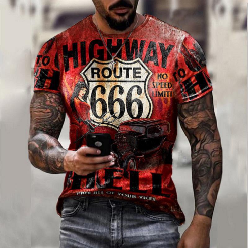 Summer New Men's T-Shirt Oversized Loose Clothes Retro Short Sleeve Fashion US Route 66 Letter Print