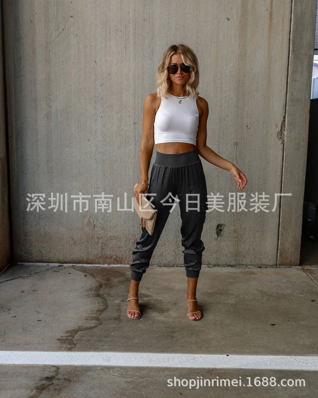 Autumn satin elastic waist pocket fashionable women's long pants casual pants