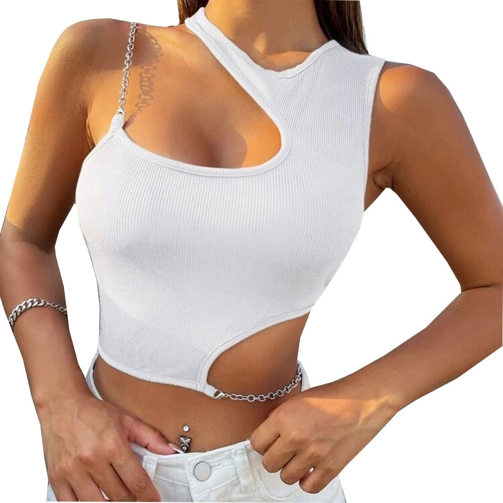 European and American Women's New Pure Color Sexy Hollow Metal Chain One Shoulder Crop Top