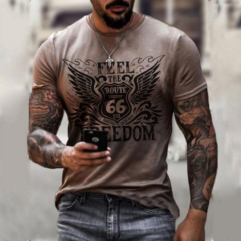 Summer New Men's T-Shirt Oversized Loose Clothes Retro Short Sleeve Fashion US Route 66 Letter Print