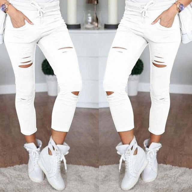 Skinny Jeans Women Denim Pants Holes Destroyed Knee Pencil Pants Casual Trousers Black White Stretch Ripped Jeans