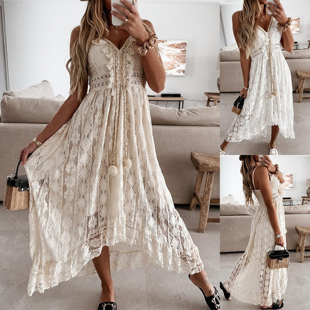 V-neck white lace irregular long dress for women