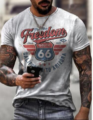 Summer New Men's T-Shirt Oversized Loose Clothes Retro Short Sleeve Fashion US Route 66 Letter Print