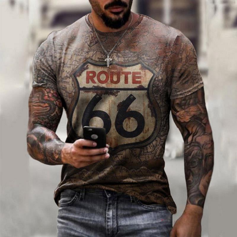 Summer New Men's T-Shirt Oversized Loose Clothes Retro Short Sleeve Fashion US Route 66 Letter Print