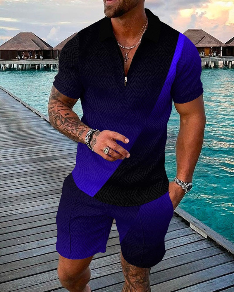 New Men's Fashion Casual Suit 3D Print Zip Short Sleeve Polo Shirt Shorts 2 Piece Set