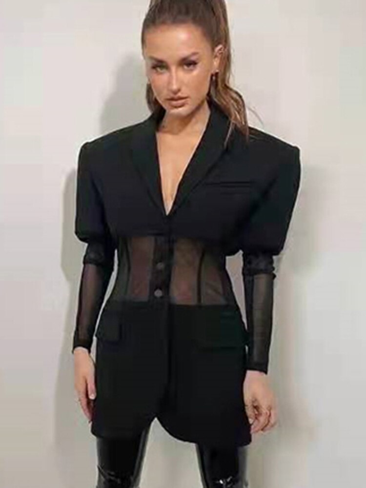 Fashion Women's Blazer New Notched Collar Patchwork See-through Mesh Single Breasted Slim Suit Jackets Autumn