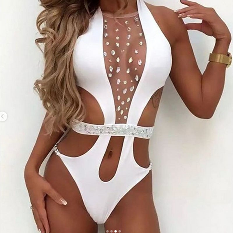 Spring Luxury Crystal Sexy Bodysuit Deep V Diamond Fixed Women Bikini Push Up Vintage Swimwear Holiday Bathing Suit