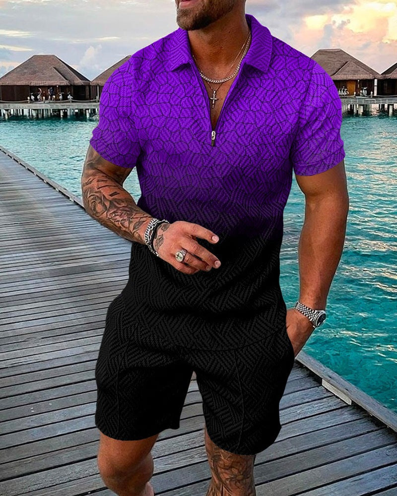 New Men's Fashion Casual Suit 3D Print Zip Short Sleeve Polo Shirt Shorts 2 Piece Set