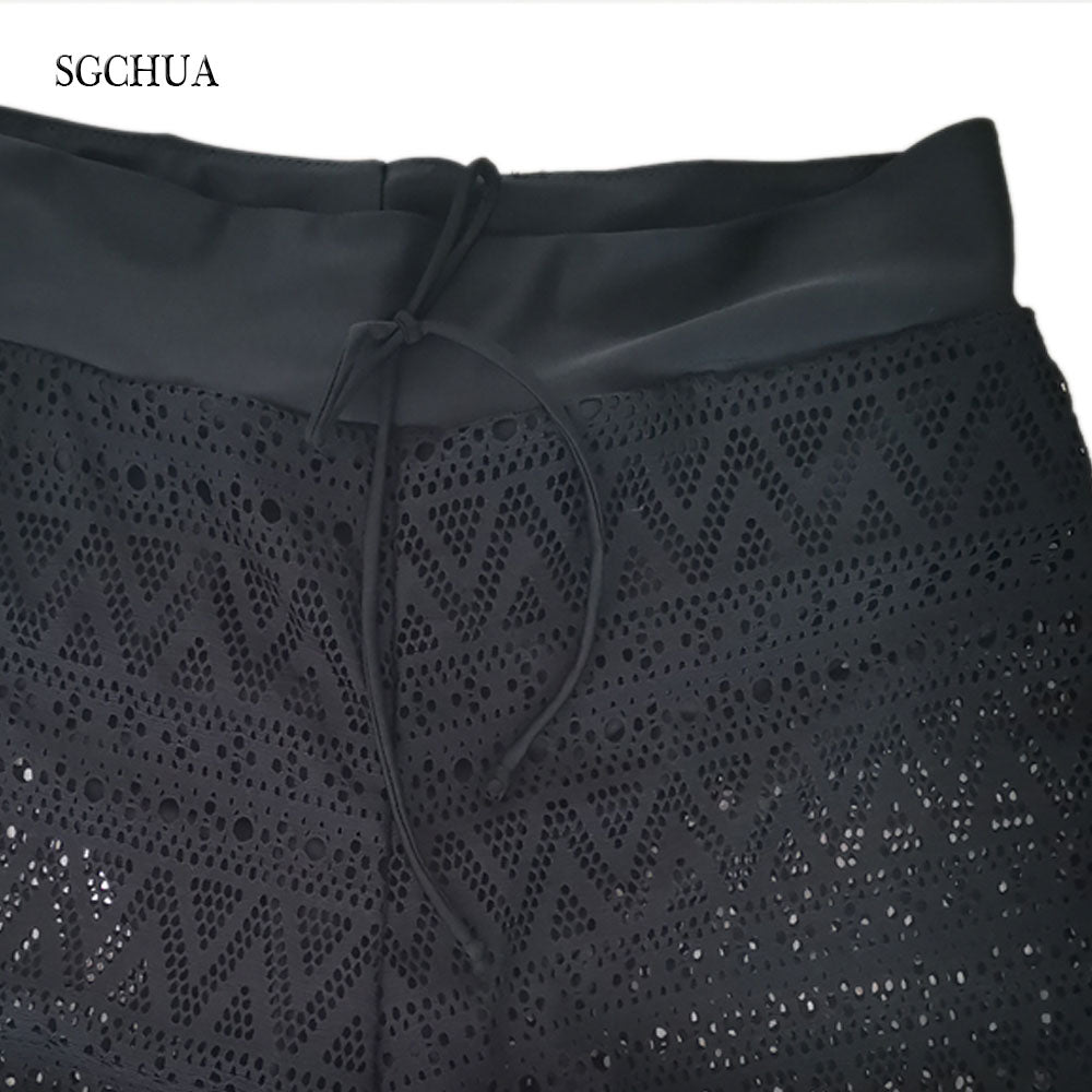 SGCHUA Sexy Black Mesh women's swimming trunks Plus Size  Blue Lace swimsuit bottom Fat Swim shorts Boxer Briefs New Panties