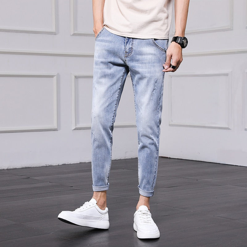 New Fashion Men's Jeans Nine Part Simple Casual Men's Trousers Small Feet Thin Korean Pants