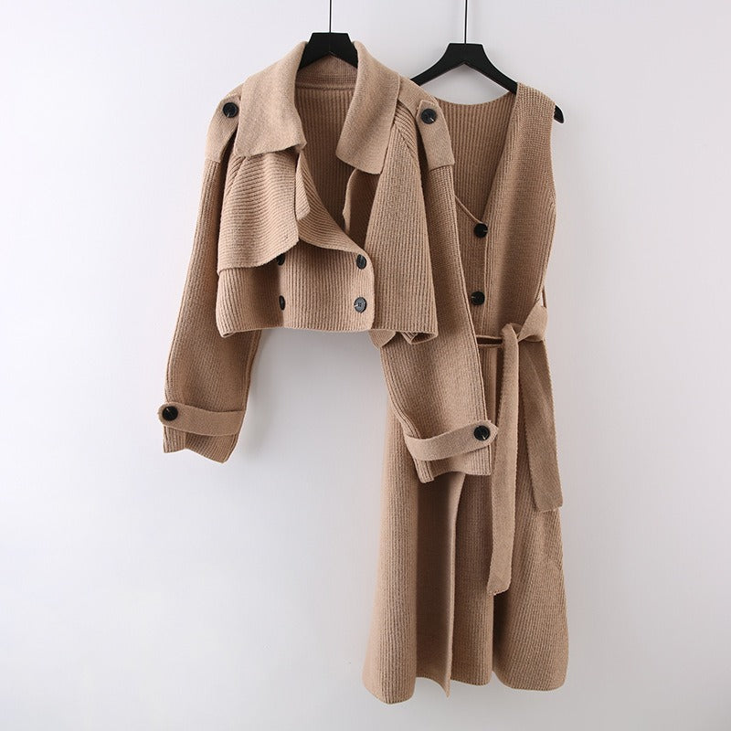 Fashion Knitted 2 Pieces Set For Women Lapel Single Breasted Long Sleeves Patchwork Coat Straight Belt Dresses