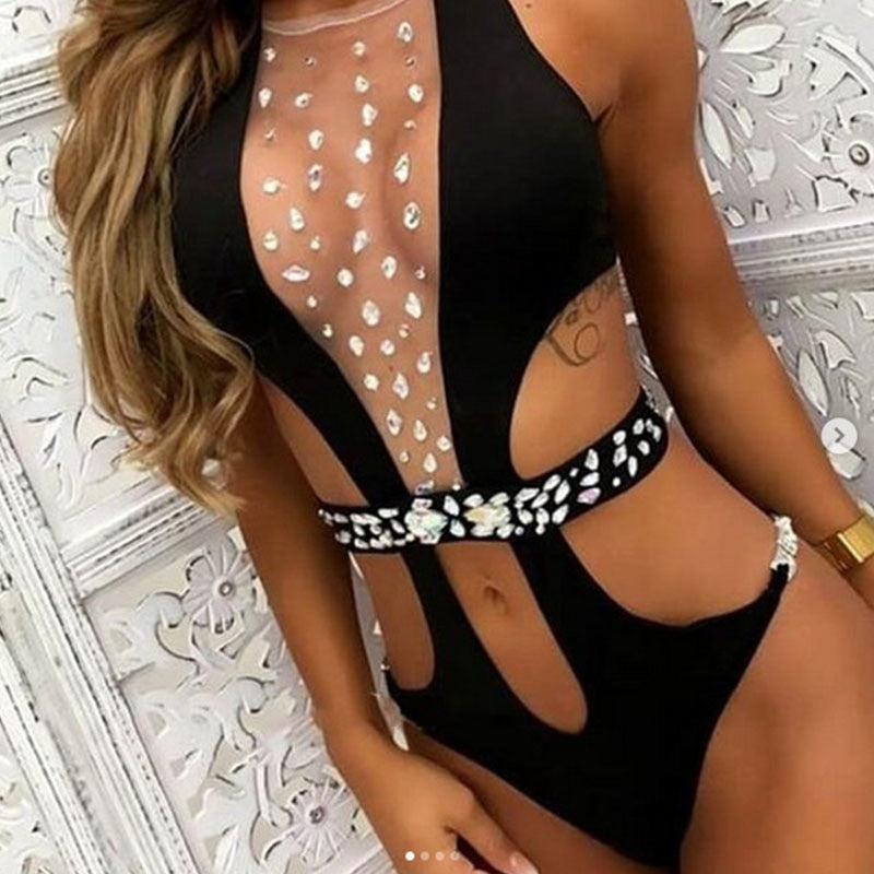 Spring Luxury Crystal Sexy Bodysuit Deep V Diamond Fixed Women Bikini Push Up Vintage Swimwear Holiday Bathing Suit