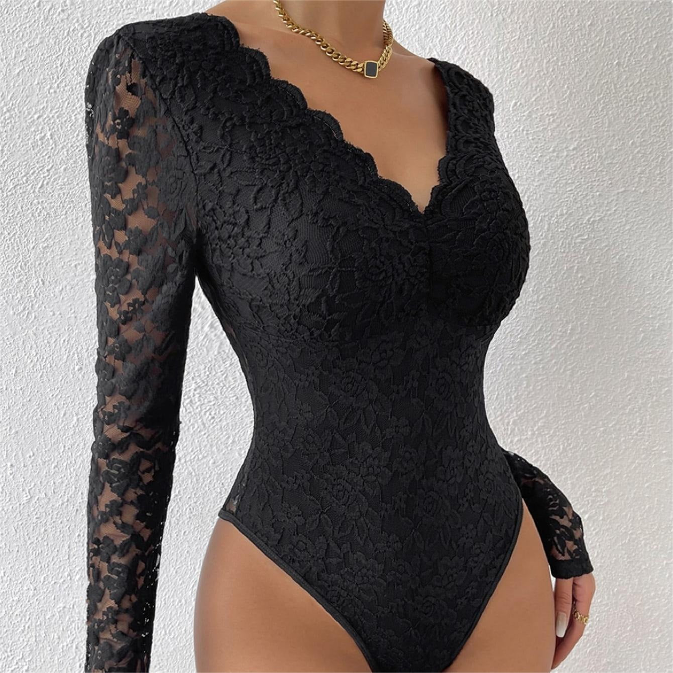 Hot selling sexy solid color lace long sleeved spicy girl perspective slim fit jumpsuit