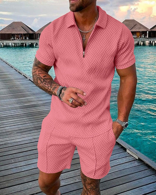 New Men's Fashion Casual Suit 3D Print Zip Short Sleeve Polo Shirt Shorts 2 Piece Set