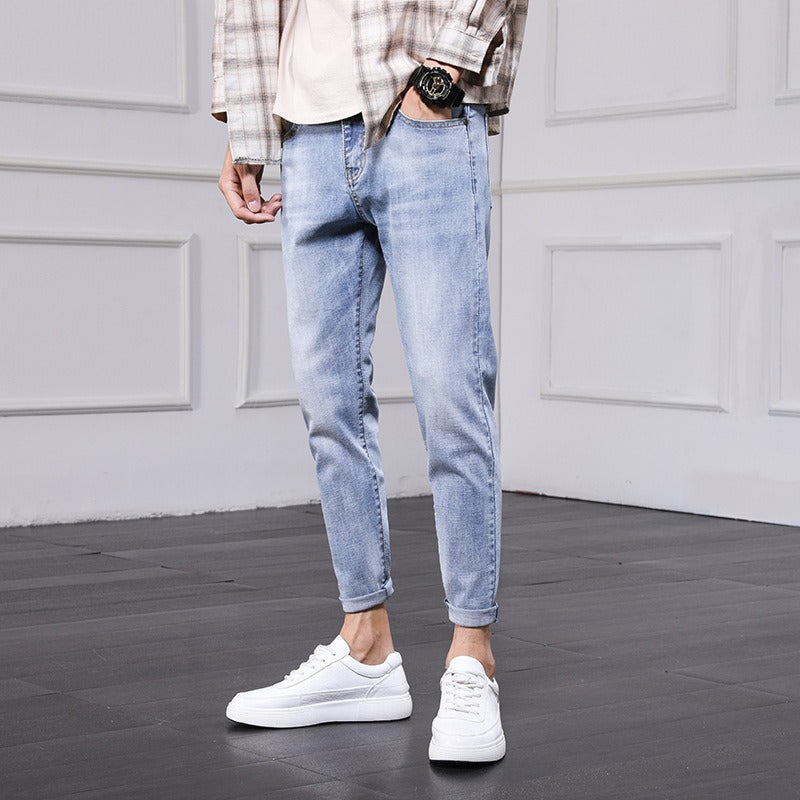 New Fashion Men's Jeans Nine Part Simple Casual Men's Trousers Small Feet Thin Korean Pants