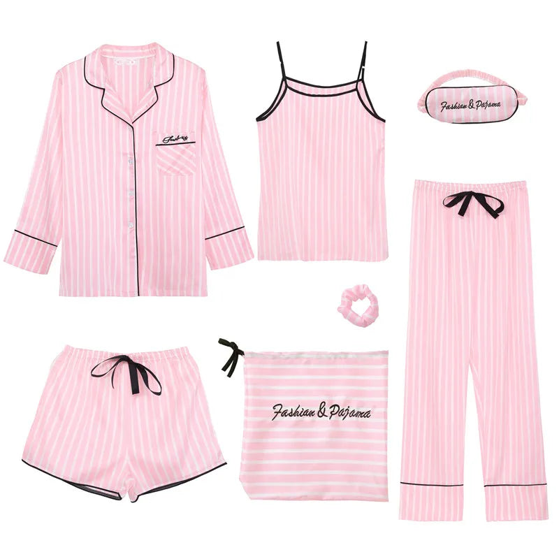 JULY'S SONG Pink Women's 7 Pieces Pajamas Sets Faux Silk Striped Pyjama Women Sleepwear Sets Spring Summer Autumn Homewear