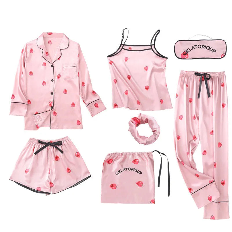 JULY'S SONG Pink Women's 7 Pieces Pajamas Sets Faux Silk Striped Pyjama Women Sleepwear Sets Spring Summer Autumn Homewear